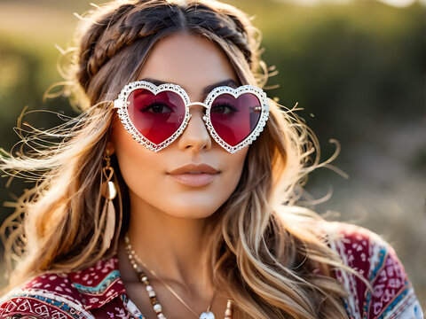 fashion outdoor photo of beautiful sensual woman in elegant clothes and heart shaped glasses