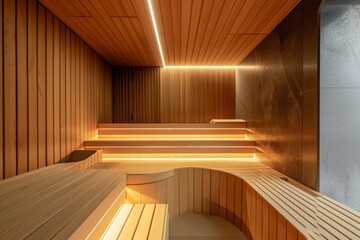 Obraz premium Elegant sauna interior with wood benches and warm lighting, inviting a peaceful and rejuvenating spa experience
