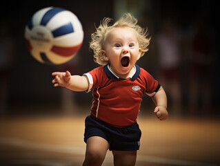 A small child catches a volleyball ball. Outdoor play.