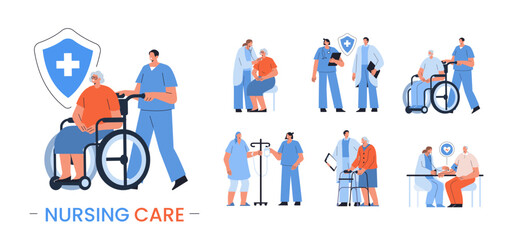 Nursing health care concept set. Doctors, nurses and medical staff help elderly patients on wheelchairs and walkers, measure blood pressure and take care of seniors in hospital. Vector illustration.
