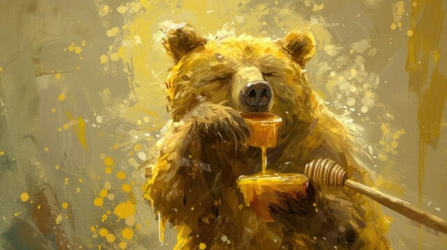 Cute brown bear eat sweet honey nectar. Kid fairytale illustration art. Wild animal enjoy tasty yellow dessert. Forest background. Child fairy tale book character. Little baby grizzly. Happy childhood