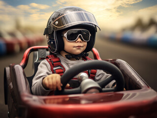 Young boy participating in a competitive derby race. He gets behind the wheel of a racing car and drives forward with determination and enthusiasm for speed.