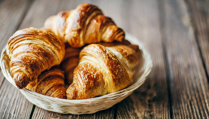 Fresh croissants in a rustic basket on wooden surface, inviting breakfast scene
