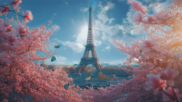 Eiffel Tower with Magnolia flowers Spring view. seamless looping time-lapse animation video background