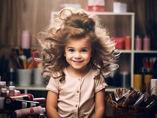 A playful little girl gets her hair done in a salon by a hairdresser. Salon hairstyles, women's barbershop.