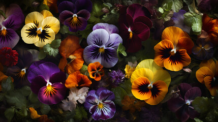variety of Pansies in a well-maintained garden.
