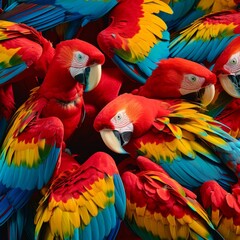 Naklejka premium Vivid gathering of scarlet macaws with brilliant blue and yellow plumage, showcasing nature's vibrant palette in a tropical scene