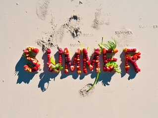Berry letters spelling 'SUMMER' on sandy beach, embodying freshness and seasonal joy