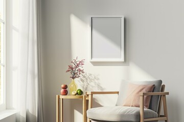 Minimalist interior with a cozy armchair, vibrant flowers, and a framed mockup on a sunny day