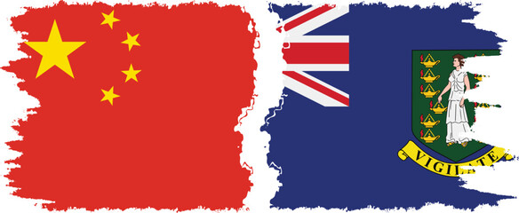British Virgin Islands and China grunge flags connection vector