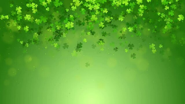 Shamrock green clover leaves pattern loop background. St Patricks Day shamrock symbols decorative elements pattern. Festive animation with blank space for greeting text.