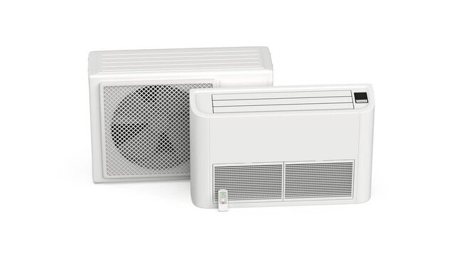 Floor mounted air conditioner with remote control and outdoor unit on white background