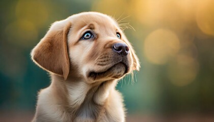 Close up of a lovely labrador puppy on outdoor blurred natural background with copy space