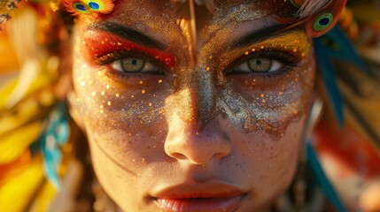 Fototapeta premium Close-up of intense eyes with vibrant face paint and feather details in a festival-inspired style.