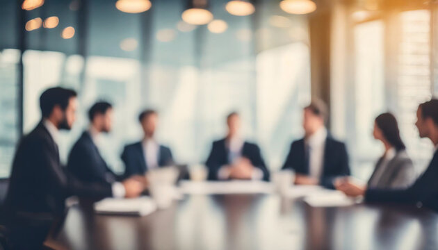Blurry office meeting scene symbolizing business dynamics, with copy space