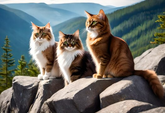three cats of different breeds sitting on top of rocks.  