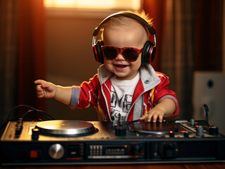 Cute dj kid wears headphones and mixes like a DJ.