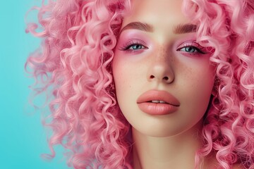 A beautiful curly-haired girl with charming and beautiful makeup with a fantastic combination of lip color with her hair, with a pink background,model, generative ai