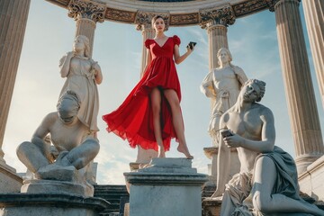 Striking woman in flowing red dress standing among ancient statues with smartphones