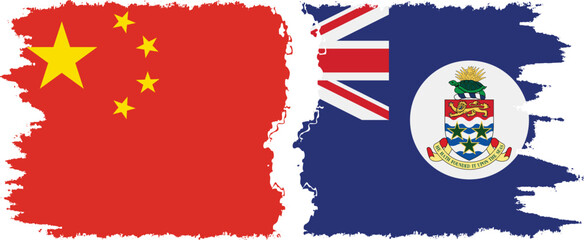 Cayman Islands and China grunge flags connection vector
