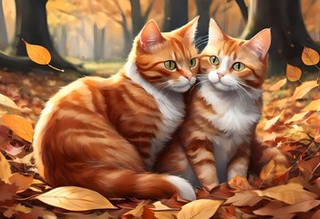 two cats sitting next to each other in a pile of colorful leaves.  