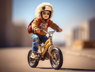 Cute boy having fun riding a bike. Children's outdoor sports summer activities.
