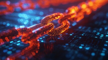 Glowing links of a blockchain superimposed on binary code, symbolizing secure digital transactions. - obrazy, fototapety, plakaty