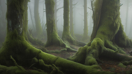 tree trunks covered in moss emerging from a foggy environment.