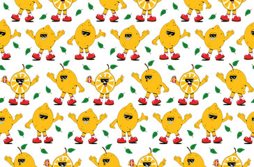 Seamless pattern of retro cartoon lemon fruit characters. Modern abstract background with cute lemon mascots in different poses and emotions.