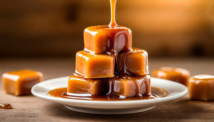 glossy caramels stacked, syrup drizzling, tempting sweets