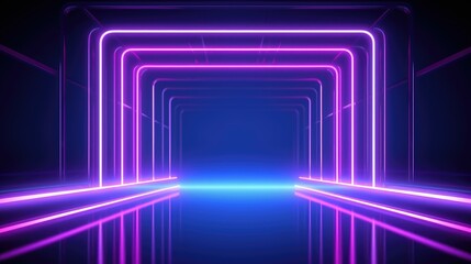 3d abstract neon background, square arch, pink blue glowing lines, futuristic gates construction 