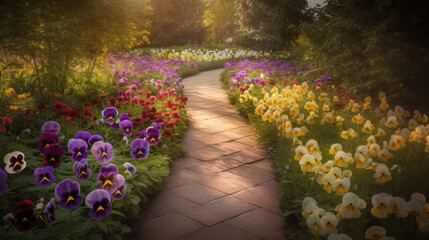 Fototapeta na wymiar pathway lined with Pansies in full bloom during the spring season. 