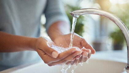 hands being washed with water, promoting hygiene and health for safety - obrazy, fototapety, plakaty