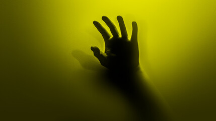 Hand silhouette on yellow background. Blurred human hand shape out of focus