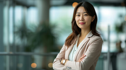 A Japanese businesswoman leads, stands confidently in modern office, crossed arms