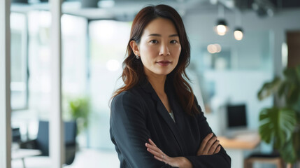 A Japanese businesswoman leads, stands confidently in modern office, crossed arms