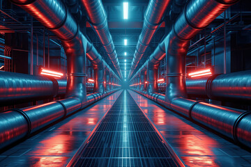 industrial corridor of pipes and lighting, in the style of hyper-realistic sci-fi, neon light, metal. Background image. Created with Generative AI technology