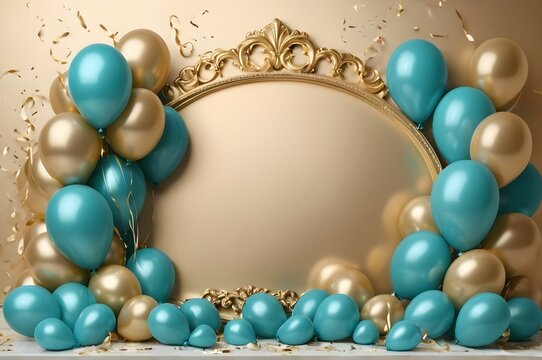 turquoise gold background with balloons, luxurious, beautiful arch, poster frame, discounts on birthday celebration concept, brochure, coupon flyer, advertising design, grand opening