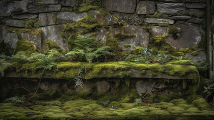 old stone wall adorned with lush moss.