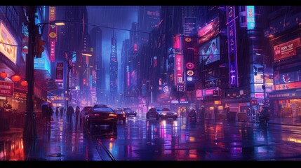 This image presents a stunning night-time cityscape bathed in neon lights, with reflections on streets creating a futuristic atmosphere. Resplendent.