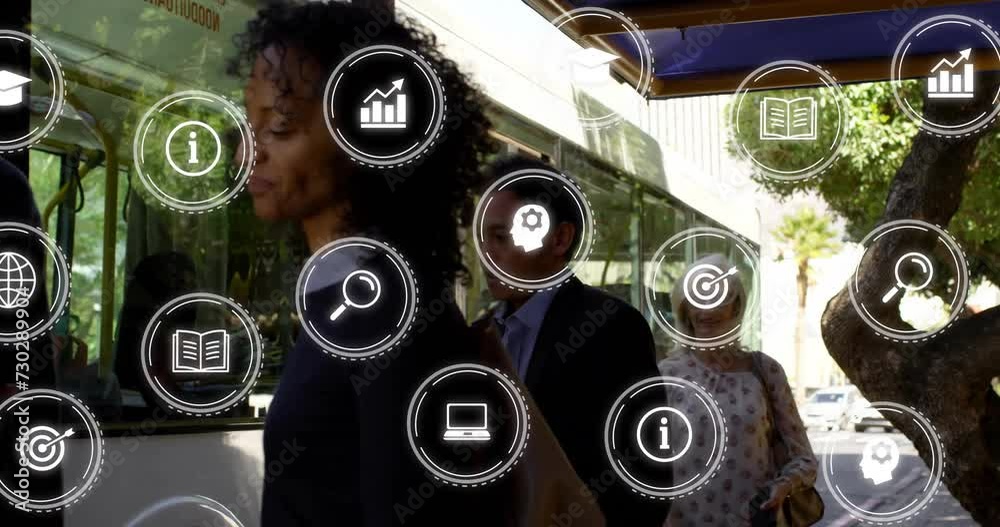 Poster animation of media and communication icons over diverse commuters getting on and off bus