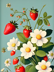 Fototapeta na wymiar Strawberries and strawberry blossom on a blue background.