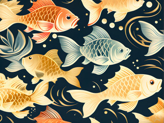 Fototapeta premium Seamless pattern with gold fishes on blue background. 