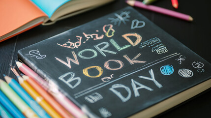Creative World Book Day Celebration with Black Cover Notebook and Chalk Inscription