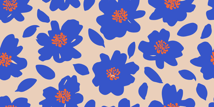 Exotic hand drawn flowers, seamless patterns with floral for fabric, textiles, clothing, wrapping paper, cover, banner, home decor, abstract backgrounds. Vector illustration.