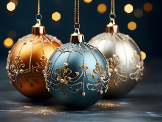 Christmas decorations, silver Christmas balls and gold Christmas balls on a blue background - Powered by Adobe