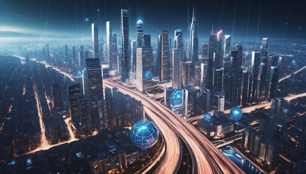 Futuristic city and digital network concept