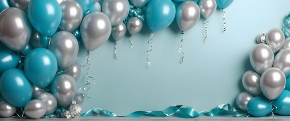 turquoise silver background with balloons, luxurious, beautiful arch, poster frame, discounts on birthday celebration concept, brochure, coupon flyer, advertising design, grand opening