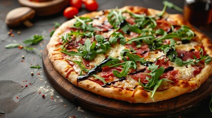 A gourmet pizza topped with arugula, prosciutto, and shaved Parmesan