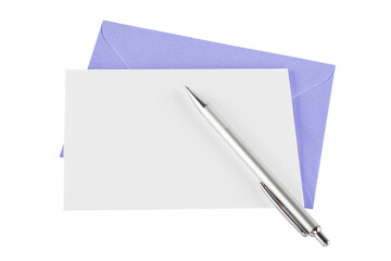Purple envelope, blank invitation cart and pen isotlated white background